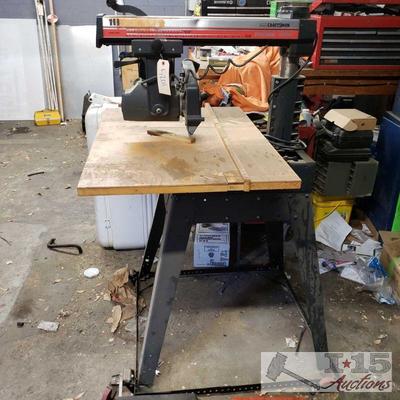 5201: Craftsman Radial Saw Table
Electric 2.5hp motor. Adjustable angle and depth of blade. 10" blade. Cart has wheels