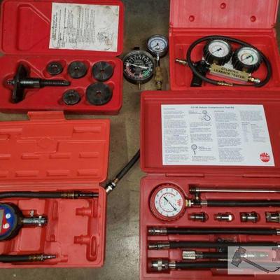 704: Mac Tools CT155 Deluxe Compression Tedt Kit, ATD Electronic Pressure Meter, ATD Cylinder Leakage Tester, and Universal Disc Brake...