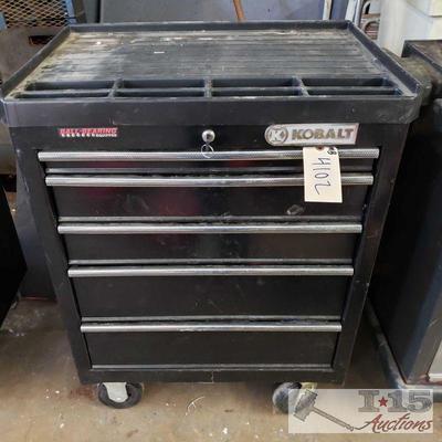 4102: 5 drawer kobalt tool chest w/ various tools
Tools include irwin, craftsman, pittsburgh and more