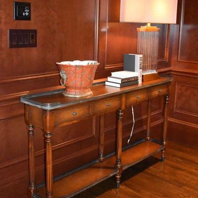 Theodore Alexander console table with leather drawer fronts