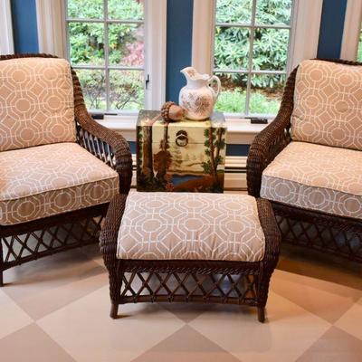 All-weather wicker chairs and ottoman with sunbrella cushions