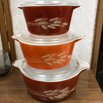LAN720: Vintage PYREX Autumn Harvest Wheat CASSEROLE Dishes with Lids  https://www.ebay.com/itm/113945987020