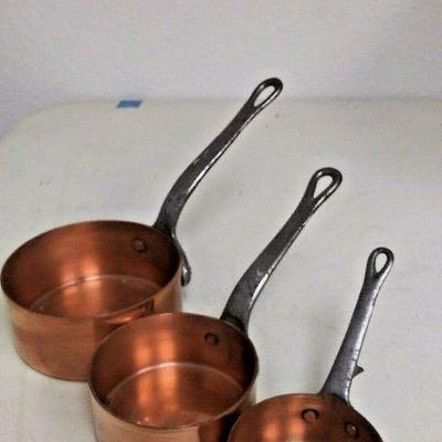 LAN603 SET OF 3 VINTAGE FRENCH STYLE COPPER SAUCE PANS WITH CAST IRON HANDLES  https://www.ebay.com/itm/113945910715