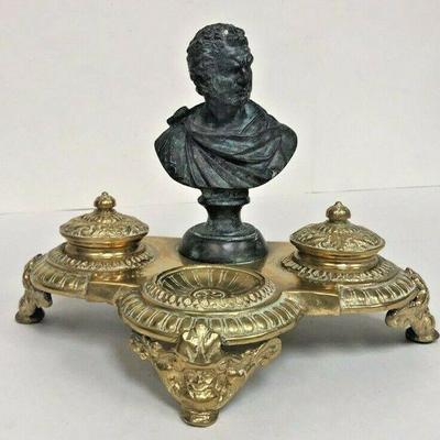 SM022: BRASS INKWELL WITH LIDS AND PATINAED BUST BY MAITLAND-SMITH   https://www.ebay.com/itm/123960403517
