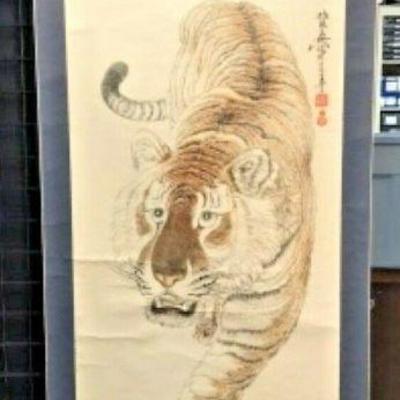 WY3005: VINTAGE LARGE ASIAN TIGER WATERCOLOR HANDMADE ON SCROLL 79 X 34 IN  https://www.ebay.com/itm/113945951550