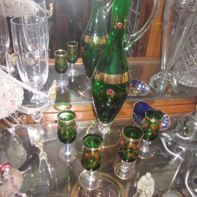 Vintage Green/Gold Bohemian Glass Decanter with Matching Glasses 