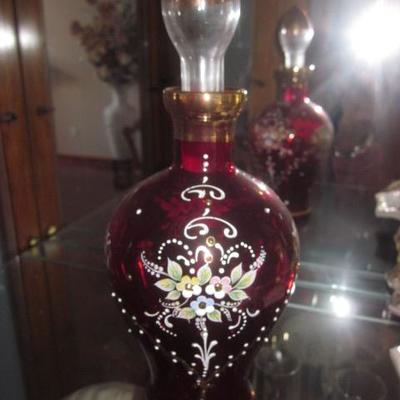 Vintage Red Ruby Bohemian Decanter Gilt Overlay 