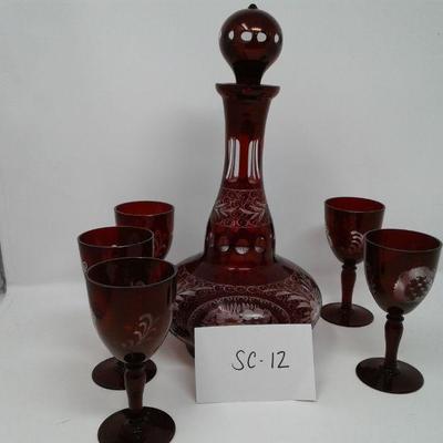 Czech Cranberry Red Etched Glass Set