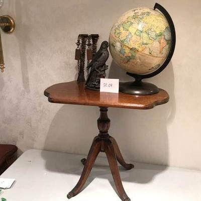 Solid Wood Table, Hanging Bells, World Globe, and Ceramic Bird