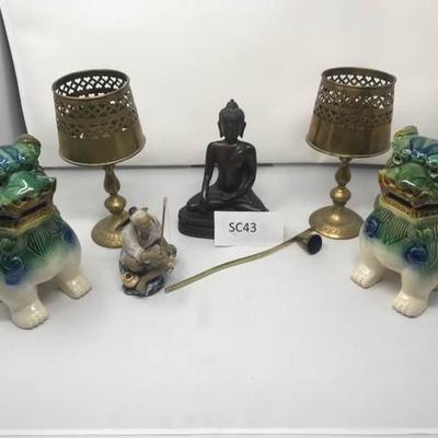 Asian Sculptures and Two Brass Candleholders