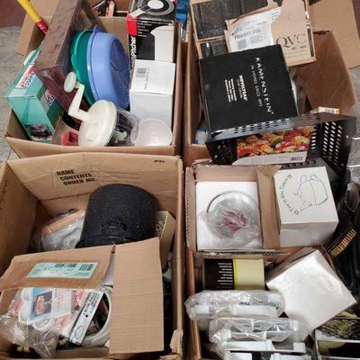 Kettle, Pans, Pots, Utensils, Portable Grill and More
4 boxes of misc kitchen items including pots, cake pans, blender, tortilla press,...