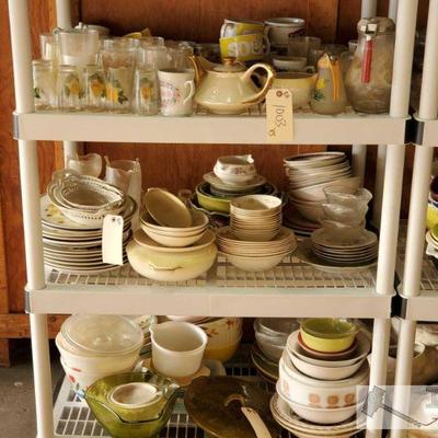 1003: Various Kitchen Glassware
Includes coffee mugs, tea pot, bowls, plates, syrup dispensers and more

