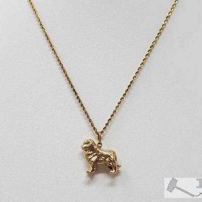 112:14k Gold Necklace with Dog Pendent, 17.6g
Weighs approx 17.6g, measures approx 18