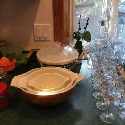 Pyrex Nesting Bowls, Pyrex Casserole Dish, Crystal Stemware