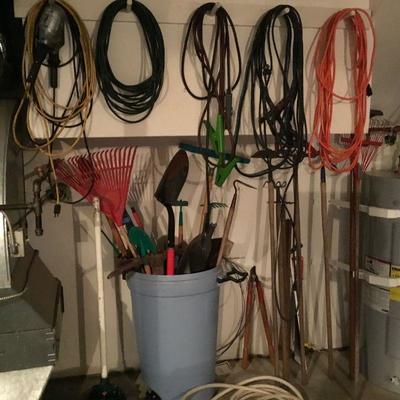 Shop Light, Extension Cords, Batter Cable Jumpers, Yard Tools