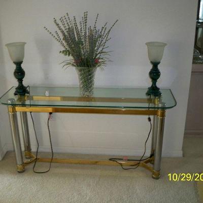 Chrome and Brass with Glass top Sofa Table.; 2 - Torchiere Table Lamps.
