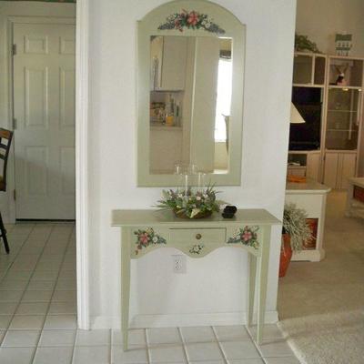 Sage Green Cottage Style Entry Table with Mirror.