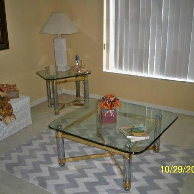 Chrome and Brass Glass top Coffee Table and End Table, Table Lamp.