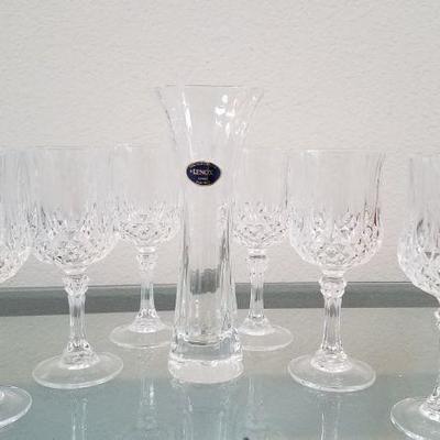 Crystal wine goblets and Lenox vase