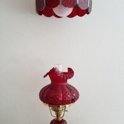 Vintage Red Tiffany Style Hanging Lamp and Converted Oil to Electric lamp