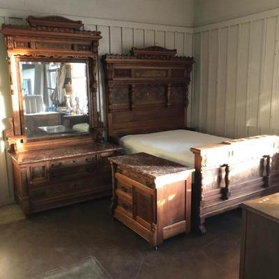 Antique Eastlake Bedroom Set -- Bed with mattresses, Dresser with Mirror and Nightstand, Marble tops