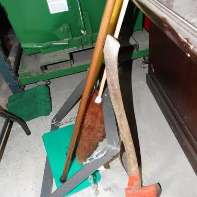 Axe, snow shovel, duster, cane and metal hanging f ...