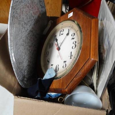 Clock, tray, pictures, and lot of silverware.
