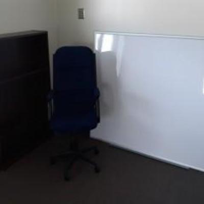 Dry Erase White Board, Desk Chair, and Darkwood Bo ...