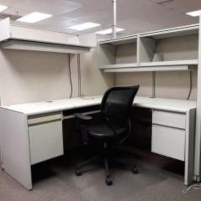 L-Shaped Cubicle Desk, Shelving, And Office Chair..