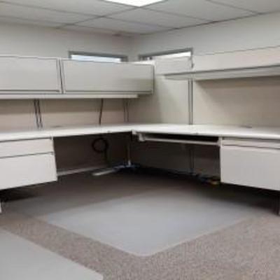 L-Shaped Cubicle Desk, Shelving, And Office Chair