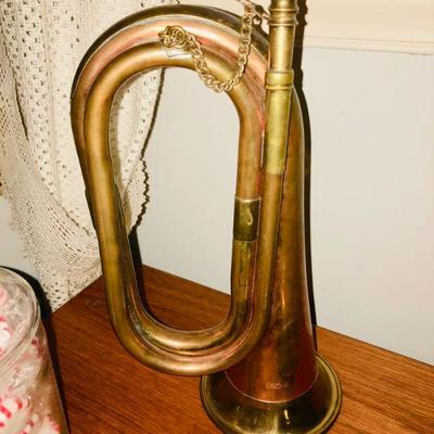 VINTAGE BRASS AND COPPER BUGLE SIGNED INDIA 