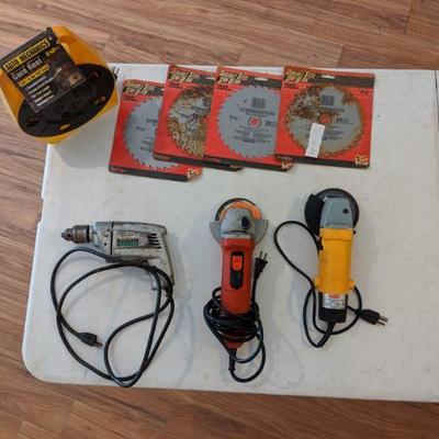 Corded power tools + cord reel + saw blades
