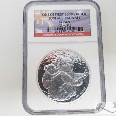 2022: .999 Fine Silver 2008 $1 Australian Koala Coin - NGC Graded
NGC Graded GEM BU One of First 8000 Struck In protective Casing