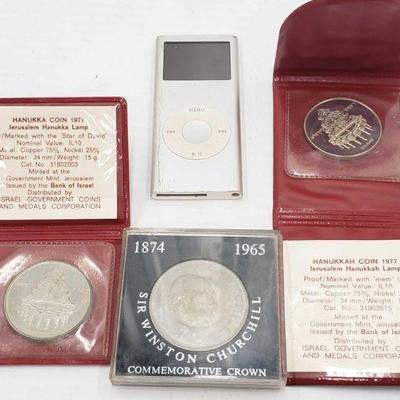 2095: Two 1977 Hanukka Coins, Winston Churchill Commemorative Coin and iPod Nano
Two 1977 Hanukka Coins, Winston Churchill Commemorative...