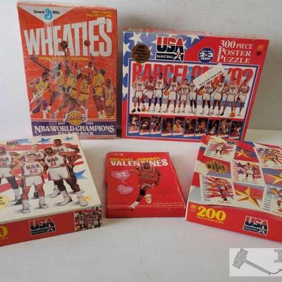 4592: Wheaties Cereal Box Lakers Tribute 1988 and more!
Includes 3 USA Basketball Team puzzles and Michael Jordan Basketball Valentines...