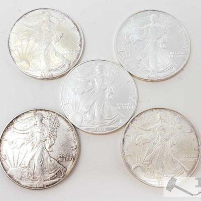 2046: Five .999 Fine Silver $1 Walking Liberty 1oz Coins
1993, 2001, 2004 and two 2005 Walking Liberty coins
