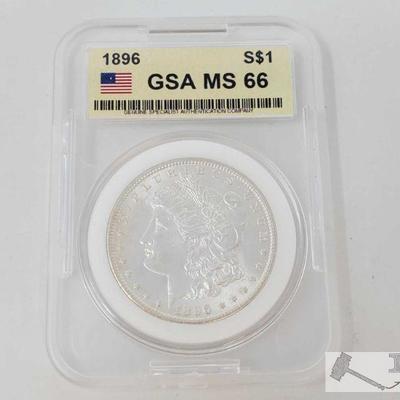 2055: 1896 Morgan Silver Dollar - GSA Graded
GSA Graded MS66 Philadelphia Mint
Year: 1896
Professional Grade: MS66
