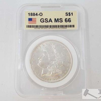 2051: 1884-O Morgan Silver Dollar - GSA Graded
New Orleans Mint GSA Graded MS66
Year: 1884
Professional Grade: MS66