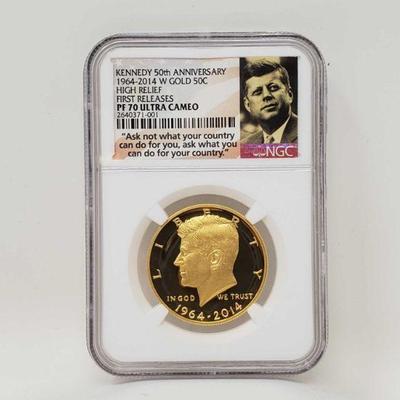2000:3/4 oz. .999 Gold John F Kennedy 50th Anniversary 1964-2014 Coin
NGC Graded PF 70 Ultra Cameo in casing