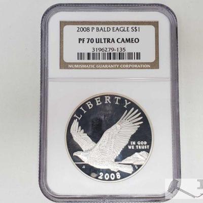2026: .900 Silver 2008-P $1 Bald Eagle Coin - NGC Graded
NGC Graded: PF70 Ultra Cameo In protective Casing