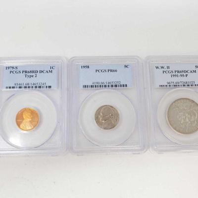 20831979-S Penny, 1958 Nickel and 1991-1995 WWII Commemorative Half Dollar - All Graded
1979-S Penny PCGS Graded PR68RD DCAM, 1958 Nickel...