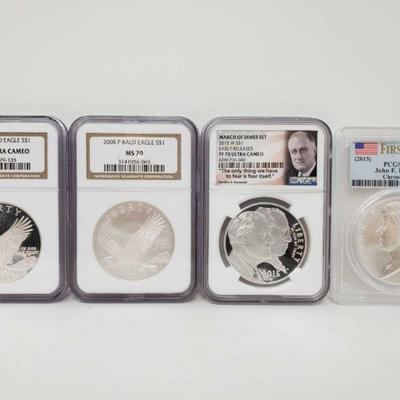 2030: Four .900 Silver Coins
Two 2008 P Bald Eagle S$1 .900 Silver Coins. Grades are: MS 70 and PF 70 Ultra Cameo. One 2015 W S$1 March...