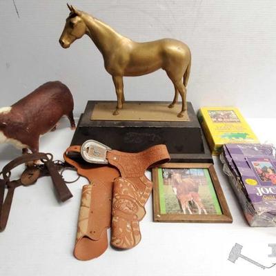 4580: Jockie Trading Cards, Trophy without Plaque, Metal Trap and more!
Also includes picture of horses, gun holster and plastic cow