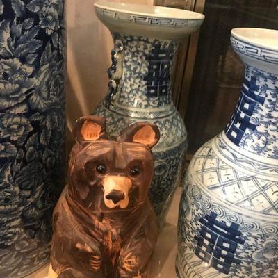 Pair of Blue and White Vases, Hand Carved Bear, Blue and White Umbrella Stand 