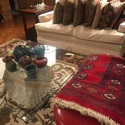 Pair of White Sofa's, Square Glass Top Coffee Table with Stone Base, Pottery, Pair of Red Stools 