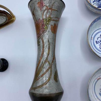 Enameled Vase, Rice Ware Bowls, Stirrup Thermometer