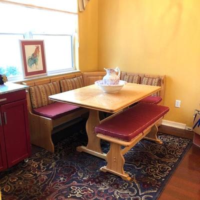 Solid wood kitchen nook (approximately 88” x 52” for the “L” shaped bench that goes against the wall. Additional bench: 46” x 14 ½”....