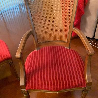Vintage Regency cane-back dining room chairs. 4 w/o arms; 2 w/arms â€“ $300 / Buy the table and chairs for $675 and save $75!!