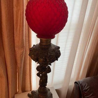 Antique parlor lamps w/Cherub base and cranberry glass globe -- $225 each / Buy both for $225 and save $25!!