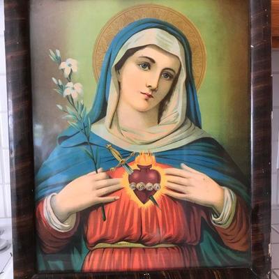 Antique, early 19th century Framed Catholic Art. Immaculate Heart of Mary (sword through the heart)
